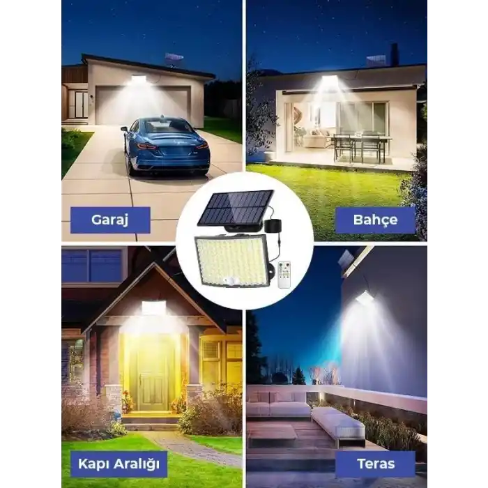 Amber LED 268 LEDli Solar Projektör – 60W, 5400 Lümen, 10 Metre Kablolu, IP65 Su Geçirmez, 6500K Beyaz Işık, Hareket Sensörlü Güneş Enerjili Dış Mekan Aydınlatma