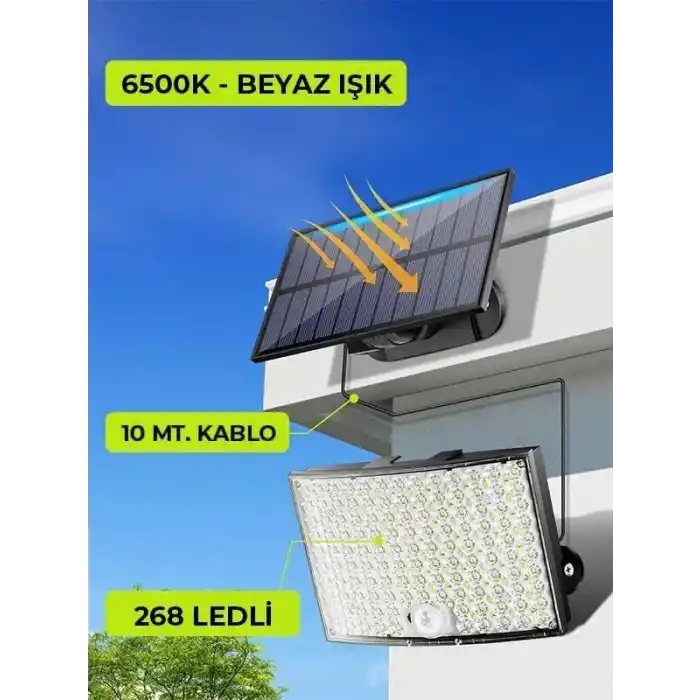 Amber LED 268 LEDli Solar Projektör – 60W, 5400 Lümen, 10 Metre Kablolu, IP65 Su Geçirmez, 6500K Beyaz Işık, Hareket Sensörlü Güneş Enerjili Dış Mekan Aydınlatma