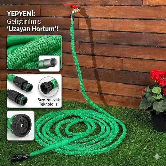 Kupa 15 Metre Uzayan Hortum Seti - 7 Fonksiyonlu Tabanca ve 1/2 İnç Musluk Adaptörü - Esnek Bahçe Hortumu, Araba Yıkama ve Sulama Seti - Dayanıklı ve Hafif Tasarım