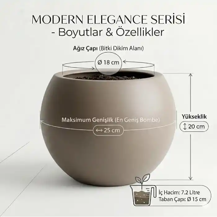 ZEVLİ Modern Küre Saksı 7L - İskandinav Tarzı, Orta Boy Dekoratif Salon ve Bahçe Saksısı (Mocha)