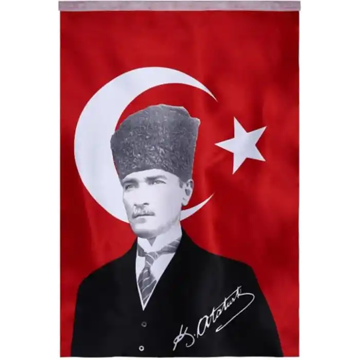 Lona Sanat Türk Bayrağı Kalpaklı Atatürk Posterli Saten Türk Bayrağı K.Atatürk İmzalı Türk Bayrağı 70X100