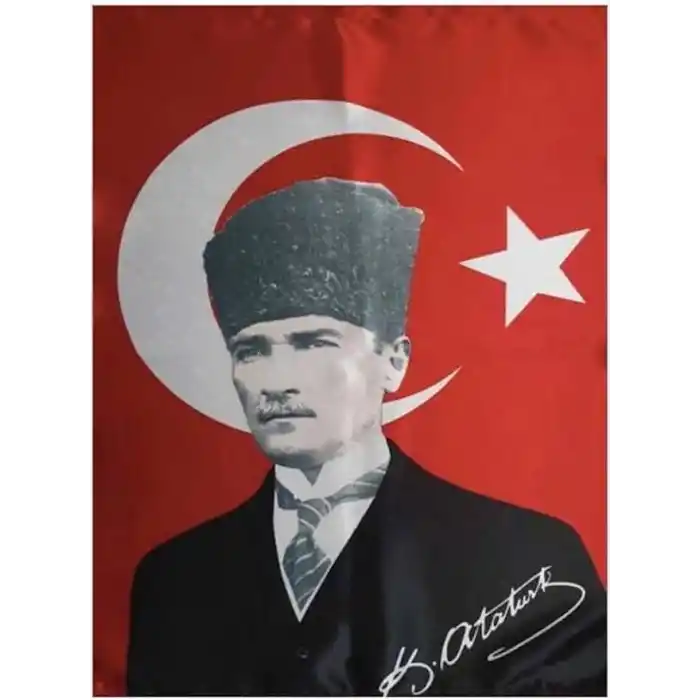 Lona Sanat Türk Bayrağı Kalpaklı Atatürk Posterli Saten Türk Bayrağı K.Atatürk İmzalı Türk Bayrağı 70X100