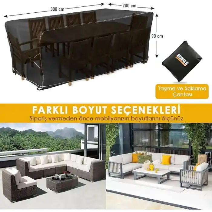 Haegs Bahçe Mobilyası Örtüsü, 300-200-90cm, Ağır Hizmet Oxford Kumaş, Su Geçirmez, Dış Mekan Veranda Masa Örtüsü, Havalandırmalı Masa ve Sandalye Koruma Kılıfı Gri