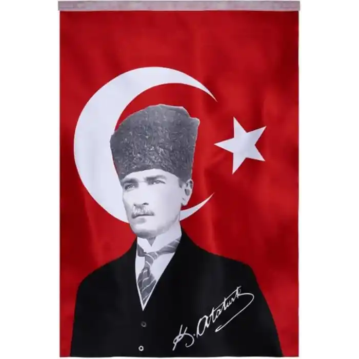 Lona Sanat Türk Bayrağı Kalpaklı Atatürk Posterli Saten Türk Bayrağı K.Atatürk İmzalı Türk Bayrağı 70X100