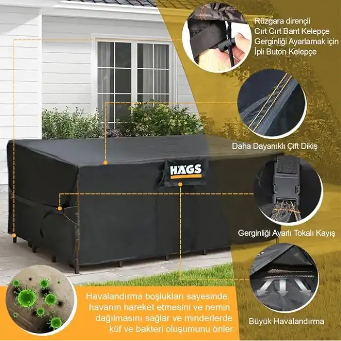 Haegs Bahçe Mobilyası Örtüsü, 300-200-90cm, Ağır Hizmet Oxford Kumaş, Su Geçirmez, Dış Mekan Veranda Masa Örtüsü, Havalandırmalı Masa ve Sandalye Koruma Kılıfı Gri