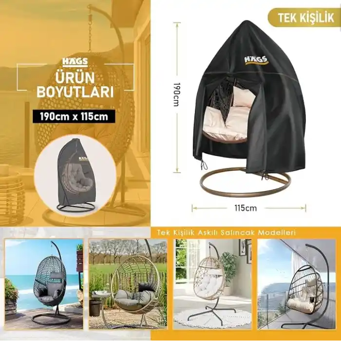 HAEGS Bahçe Salıncağı Örtüsü, Rattan Salıncak Koltuk Koruma Kılıfı Brandası, Hamak Sandalye Dış Mekan Su Geçirmez Mobilyası Koruyucu Örtü - 190 x 115cm