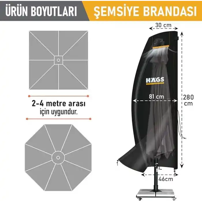 Haegs Bahçe Şemsiye Kılıfı, Veranda Parasol Konsol Şemsiyesi Brandası, Koruma Örtüsü, Su Geçirmez, Hava Koşullarına Dayanıklı Bahçe Gölgelik Güneşlik Örtüsü (280-30/81/46 cm) Siyah