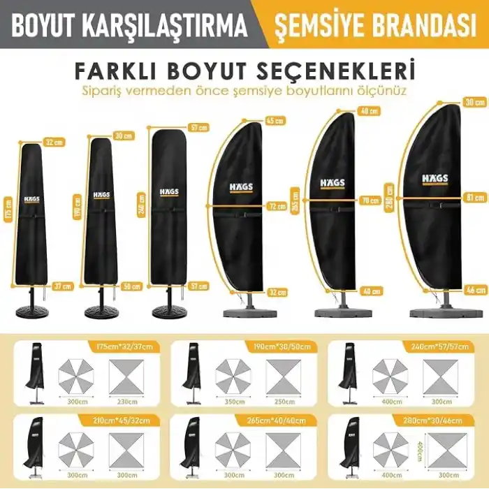 Haegs Bahçe Şemsiye Kılıfı, Veranda Parasol Konsol Şemsiyesi Brandası, Koruma Örtüsü, Su Geçirmez, Hava Koşullarına Dayanıklı Bahçe Gölgelik Güneşlik Örtüsü (280-30/81/46 cm) Siyah