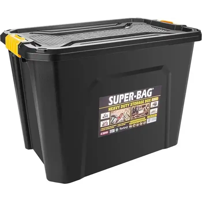 Super Bag 60 L Kapaklı Saklama Kutusu, Ağır Hizmet Depolama Kutusu, Çok Amaçlı Plastik Koli ve Düzenleme Kutusu, Kilitli Kapaklı, Ev Garaj Depo Ofis Kullanımı