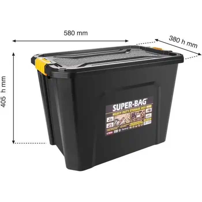 Super Bag 60 L Kapaklı Saklama Kutusu, Ağır Hizmet Depolama Kutusu, Çok Amaçlı Plastik Koli ve Düzenleme Kutusu, Kilitli Kapaklı, Ev Garaj Depo Ofis Kullanımı