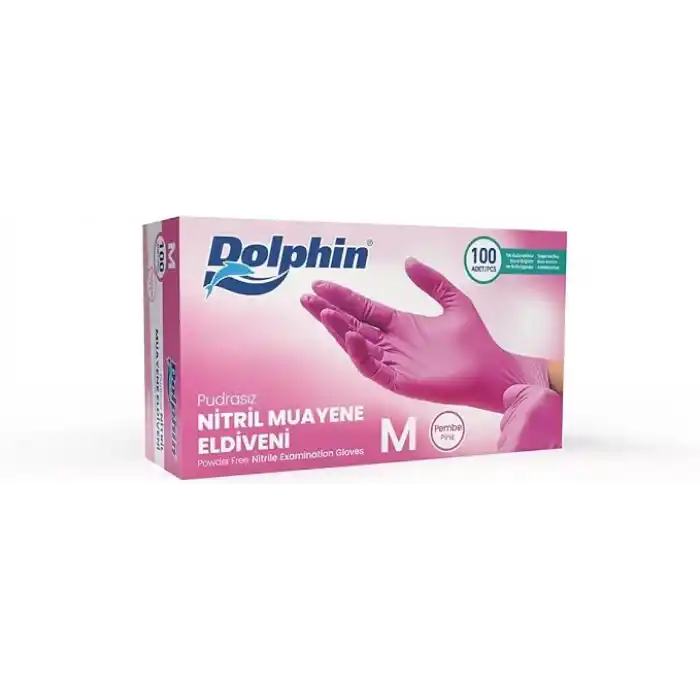 Dolphin Pembe Nitril Eldiven Pudrasız (M) 100lü Paket