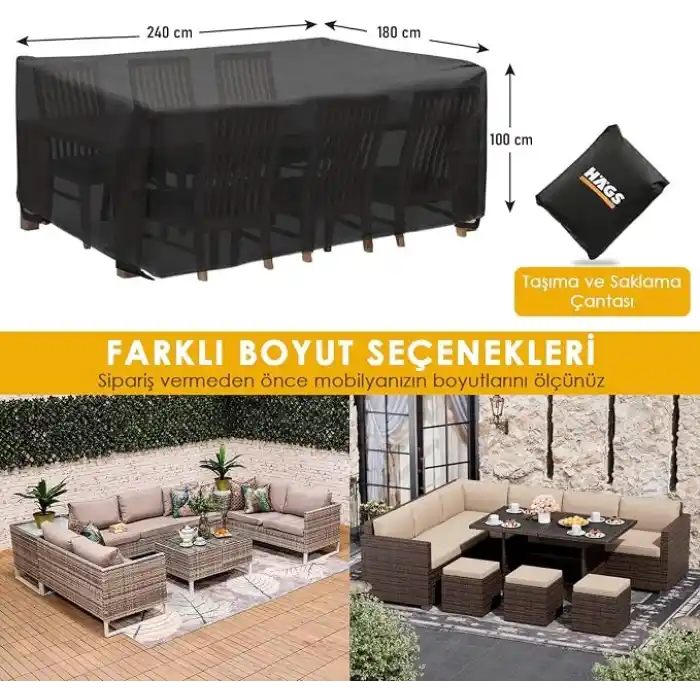 Haegs Bahçe Mobilyası Örtüsü, 240-180-100cm, Ağır Hizmet Oxford Kumaş, Su Geçirmez, Dış Mekan Veranda Masa Örtüsü, Havalandırmalı Masa ve Sandalye Koruma Kılıfı Siyah