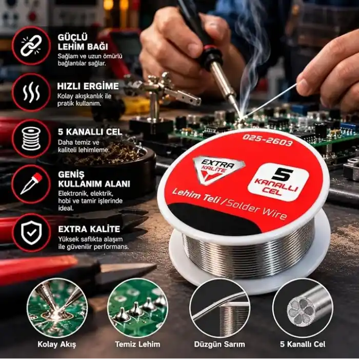 REAL ÖZS Profesyonel Lehim Teli 5 Kanallı 025-2603 Solder Wire Elektronik Devre Kartı Kablo Tamiri, Hobi, Atölye, Teknik Servis ve Elektronik Lehimleme Uygulamaları İçin Lehim Teli Tekli Ürün