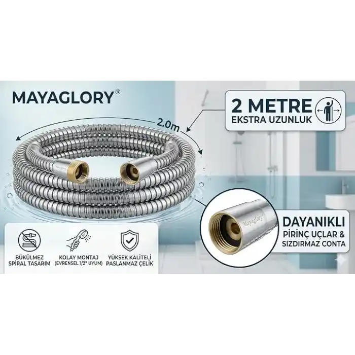 Mayaglory 2 Metre Duş Hortumu - Kırılmaz, Bükülmez ve Sızdırmaz Esnek Spiral Banyo Hortumu - Pirinç Uçlu Standart 1/2 Evrensel Bağlantı, Paslanmaz Çelik Duş Hortumu