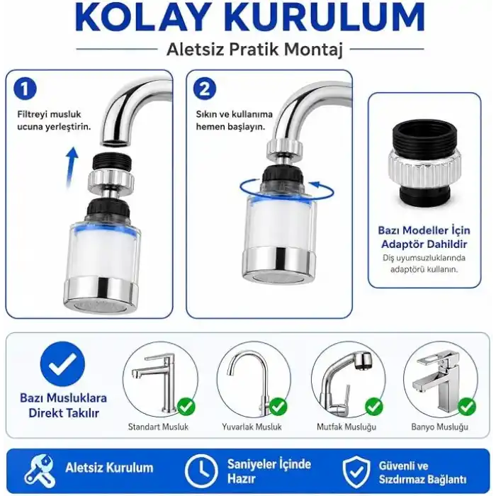 SOGUD Filtreli Musluk Başlığı Seti Beyaz - 360° Döner Su Tasarruflu Perlatör Aparatı - Arıtmalı Kireç Önleyici Mutfak Banyo Lavabo Ucu - Krom Kaplama Yüksek Basınçlı Model - 3 Yedek Filtreli