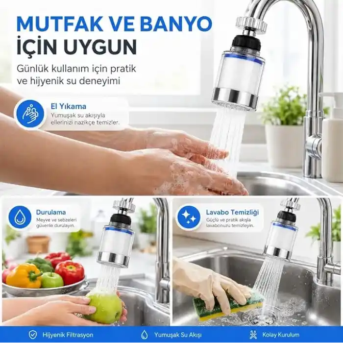SOGUD Filtreli Musluk Başlığı Seti Beyaz - 360° Döner Su Tasarruflu Perlatör Aparatı - Arıtmalı Kireç Önleyici Mutfak Banyo Lavabo Ucu - Krom Kaplama Yüksek Basınçlı Model - 3 Yedek Filtreli
