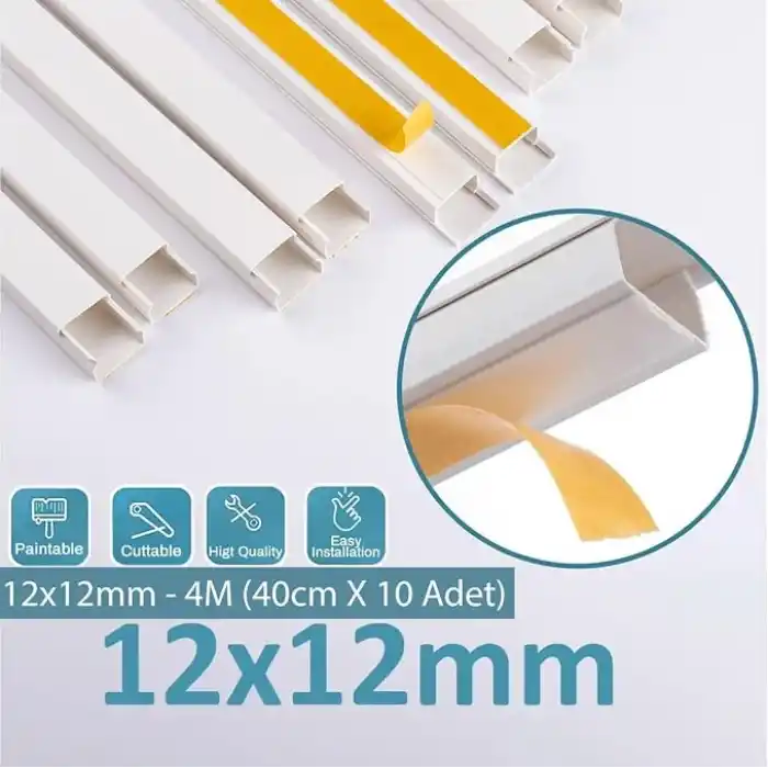4 Metre (12x12mm) Kendinden Yapışkanlı Kablo Kanalı | 4m (10 Adet x 40cm) Kablo Gizleyici