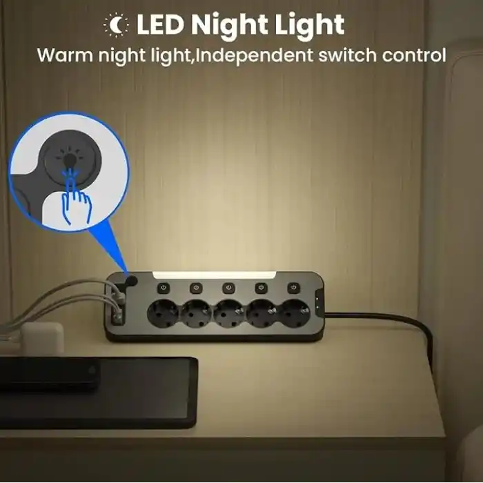 Bağımsız Anahtarlı 5li Işıklı Akım Korumalı Çoklu Priz 4000W, 2x USB - 2x Type-C Giriş, Metal Ön Panel Uzatma Kablosu Köşe Beşli Priz, Topraklı, 2 Metre Kablo