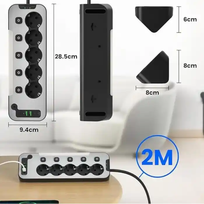 Bağımsız Anahtarlı 5li Işıklı Akım Korumalı Çoklu Priz 4000W, 2x USB - 2x Type-C Giriş, Metal Ön Panel Uzatma Kablosu Köşe Beşli Priz, Topraklı, 2 Metre Kablo