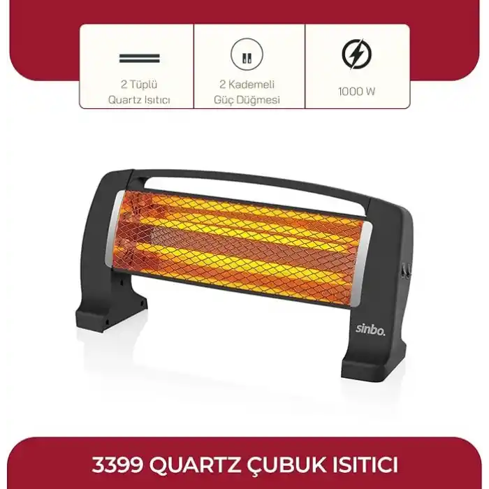 Sinbo SFH-3399 1000W (2x500W) Quartz Isıtıcı | 2 Kademeli Isı Ayarlı, Devrilme Emniyetli, Masa ve Yer Tipi Hızlı Isıtıcı