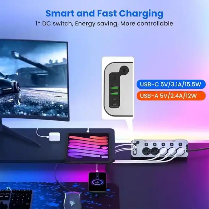 Bağımsız Anahtarlı 5li Işıklı Akım Korumalı Çoklu Priz 4000W, 2x USB - 2x Type-C Giriş, Metal Ön Panel Uzatma Kablosu Köşe Beşli Priz, Topraklı, 2 Metre Kablo