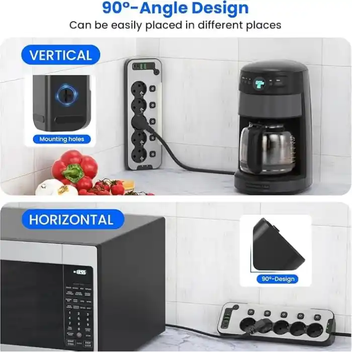 Bağımsız Anahtarlı 5li Işıklı Akım Korumalı Çoklu Priz 4000W, 2x USB - 2x Type-C Giriş, Metal Ön Panel Uzatma Kablosu Köşe Beşli Priz, Topraklı, 2 Metre Kablo