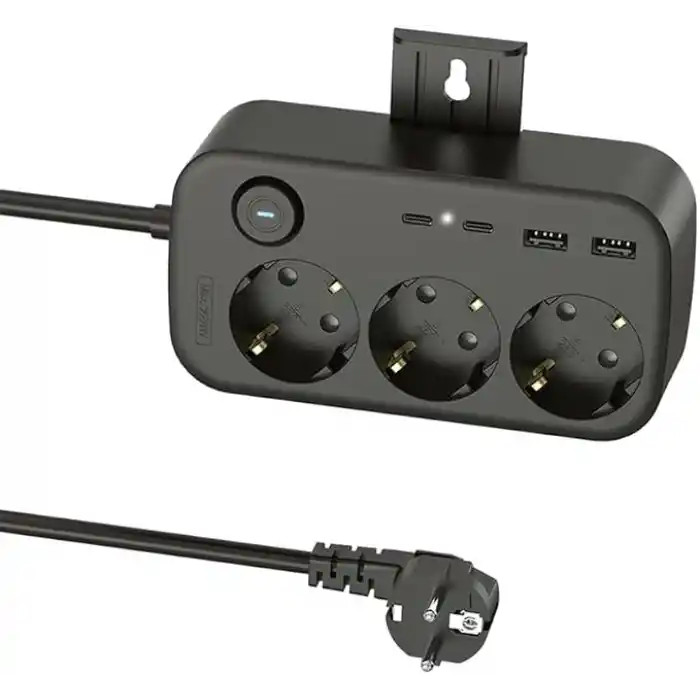 SMAYLİNG 3lü Priz + 4 USB (2 Type-C + 2 USB-A) Çoklayıcı | Duvara Monte Edilebilir, Aç/Kapa Anahtarı, Akım & Kısa Devre Koruma, Yüksek Güç