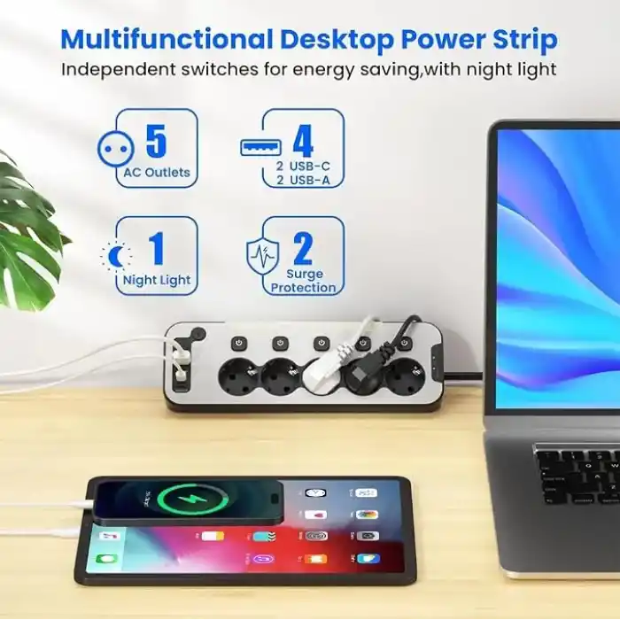 Bağımsız Anahtarlı 5li Işıklı Akım Korumalı Çoklu Priz 4000W, 2x USB - 2x Type-C Giriş, Metal Ön Panel Uzatma Kablosu Köşe Beşli Priz, Topraklı, 2 Metre Kablo