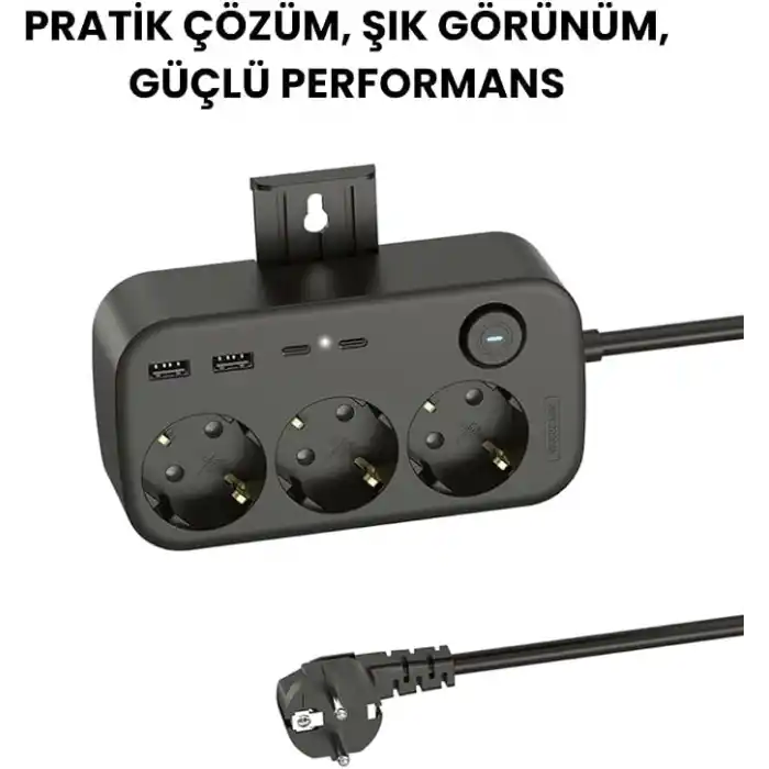 SMAYLİNG 3lü Priz + 4 USB (2 Type-C + 2 USB-A) Çoklayıcı | Duvara Monte Edilebilir, Aç/Kapa Anahtarı, Akım & Kısa Devre Koruma, Yüksek Güç