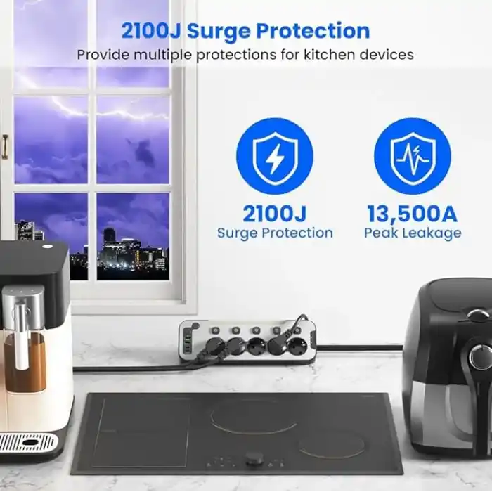 Bağımsız Anahtarlı 5li Işıklı Akım Korumalı Çoklu Priz 4000W, 2x USB - 2x Type-C Giriş, Metal Ön Panel Uzatma Kablosu Köşe Beşli Priz, Topraklı, 2 Metre Kablo