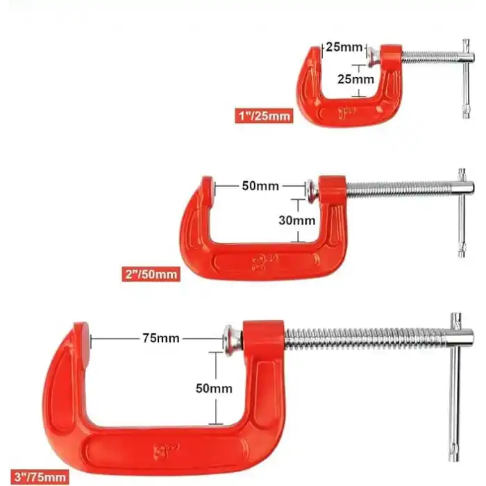 Jouis Mengene Seti 3’lü Mini C Tipi İşkence Mengenesi – 25 mm, 50 mm, 75 mm | Karbon Çelik Gövde, Döküm Metal Sıkıştırma Aparatı | Ahşap, Metal, Hobi ve Atölye Kullanımı İçin
