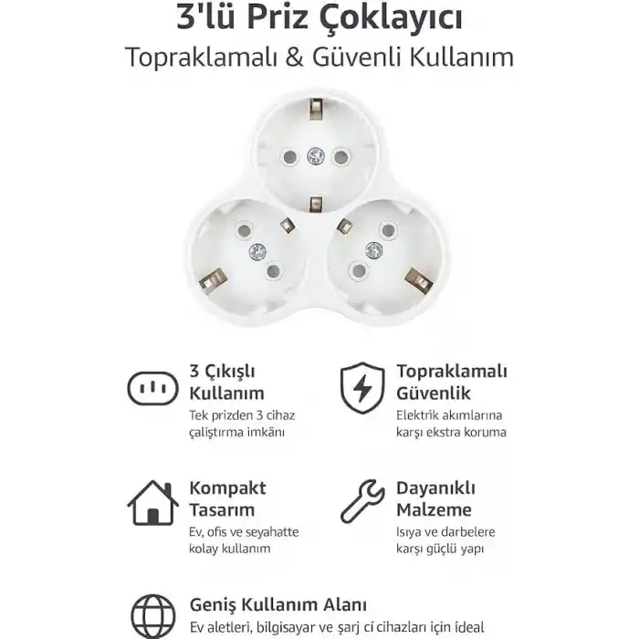 Golyat 3’lü Topraklı Priz Çoklayıcı Fiş,16A, 250V Elektrik Değeri, Maksimum 3600W Güç Kapasitesi, Dayanıklı Plastik Gövde, Güvenli, Elektrik Dağıtımı, Ev, Ofis ve İş Yerleri İçin İdeal