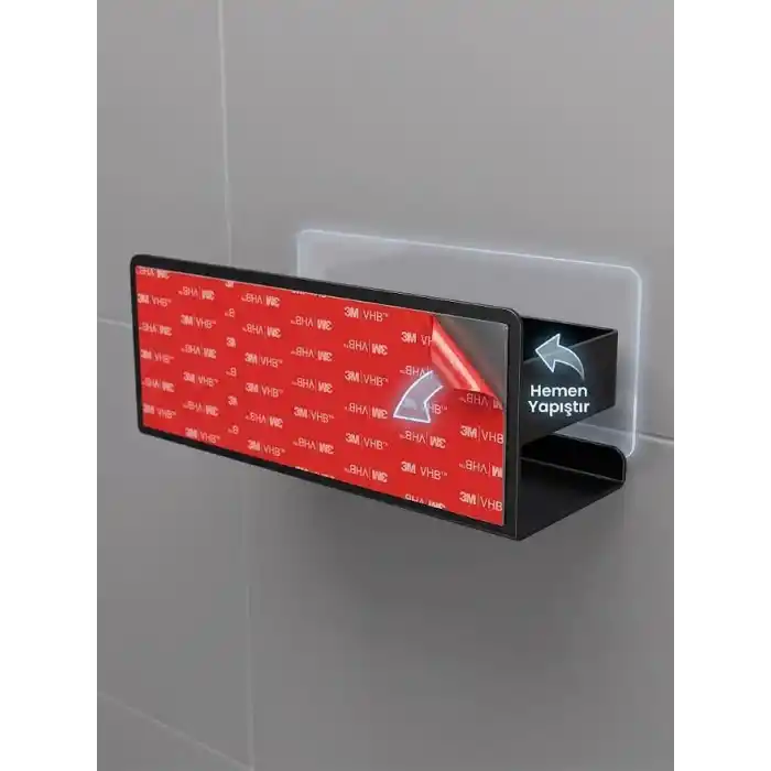 MallArt® Siyah Paslanmaz Metal Banyo Rafı - 3M Yapışkanlı Duş Rafı ve Mutfak Düzenleyici Organizer - Matkap Gerektirmeyen Kolay Montaj