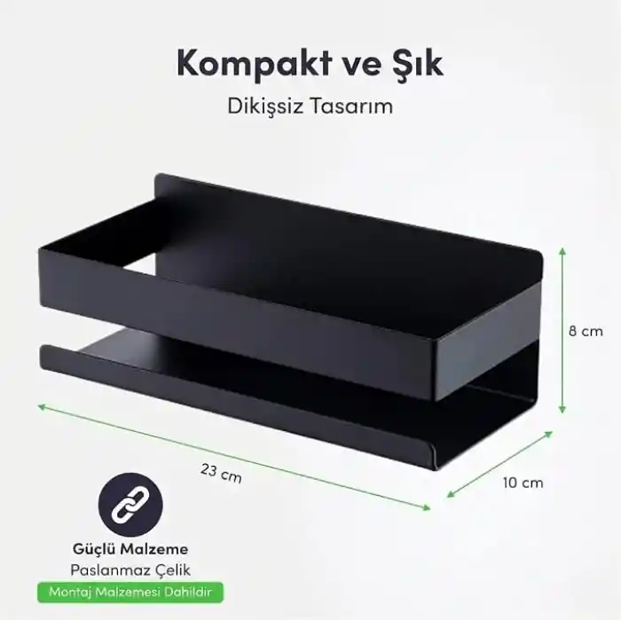 MallArt® Siyah Paslanmaz Metal Banyo Rafı - 3M Yapışkanlı Duş Rafı ve Mutfak Düzenleyici Organizer - Matkap Gerektirmeyen Kolay Montaj