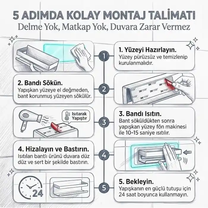 MallArt® Siyah Paslanmaz Metal Banyo Rafı - 3M Yapışkanlı Duş Rafı ve Mutfak Düzenleyici Organizer - Matkap Gerektirmeyen Kolay Montaj