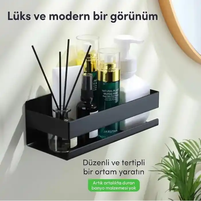 MallArt® Siyah Paslanmaz Metal Banyo Rafı - 3M Yapışkanlı Duş Rafı ve Mutfak Düzenleyici Organizer - Matkap Gerektirmeyen Kolay Montaj