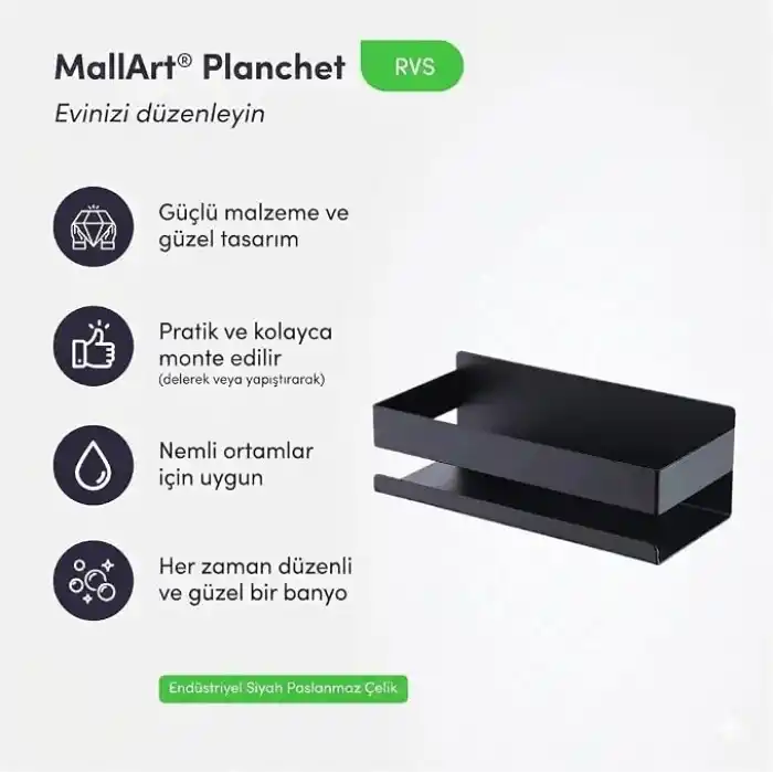MallArt® Siyah Paslanmaz Metal Banyo Rafı - 3M Yapışkanlı Duş Rafı ve Mutfak Düzenleyici Organizer - Matkap Gerektirmeyen Kolay Montaj