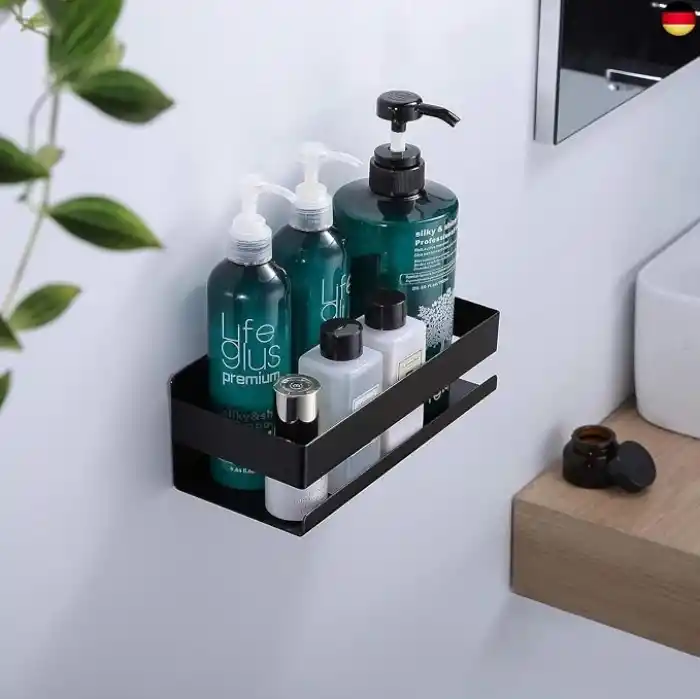 MallArt® Siyah Paslanmaz Metal Banyo Rafı - 3M Yapışkanlı Duş Rafı ve Mutfak Düzenleyici Organizer - Matkap Gerektirmeyen Kolay Montaj