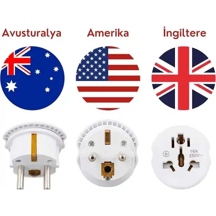 Amber LED Amerikan ve İngiliz Fişi Dönüştürücü Adaptör 16A 250V Seyahat Tipi Universal Çevirici Priz Kompakt Tasarım (3 Adet)