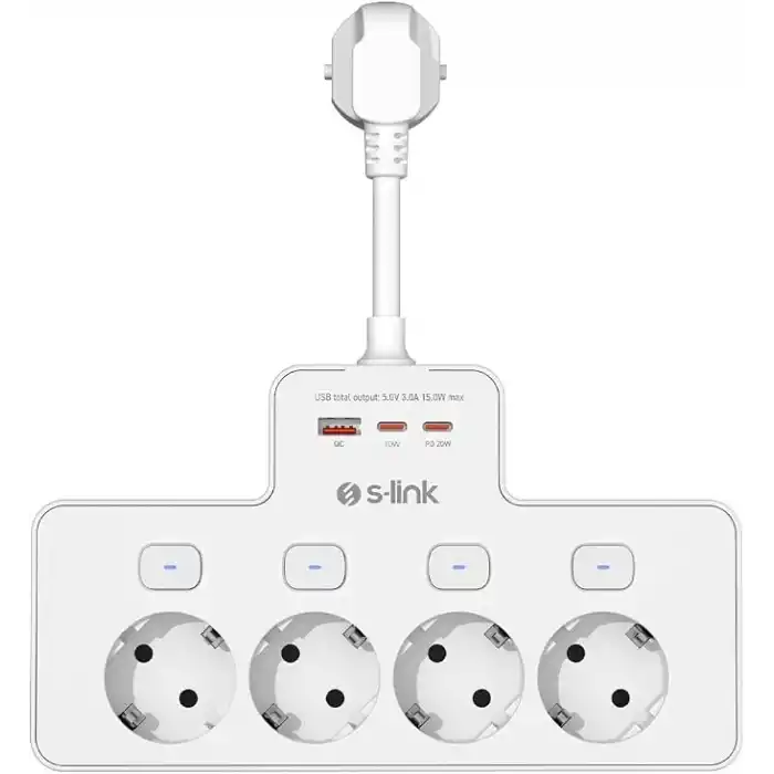 S-link PRZ08 Beyaz 4 Soketli 15cm 1 USB 2 Type-C PD20W Tam Bakır Kablolu Akım Korumalı Priz