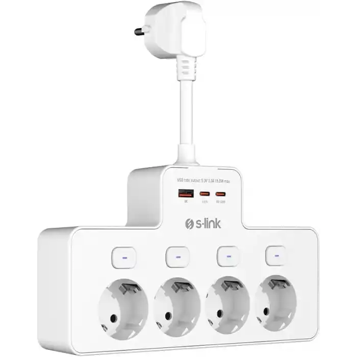 S-link PRZ08 Beyaz 4 Soketli 15cm 1 USB 2 Type-C PD20W Tam Bakır Kablolu Akım Korumalı Priz