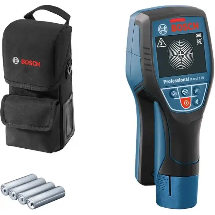 Bosch Professional D-tect 120 Duvar Tarama Cihazı (Tarama alanı: 120 mm, Akım geçen ve geçmeyen kabloların, metal, plastik boruların bulunması, USB-C kablosu, 4 x AA pil, Akü Adaptörü, Taşıma Çantası)
