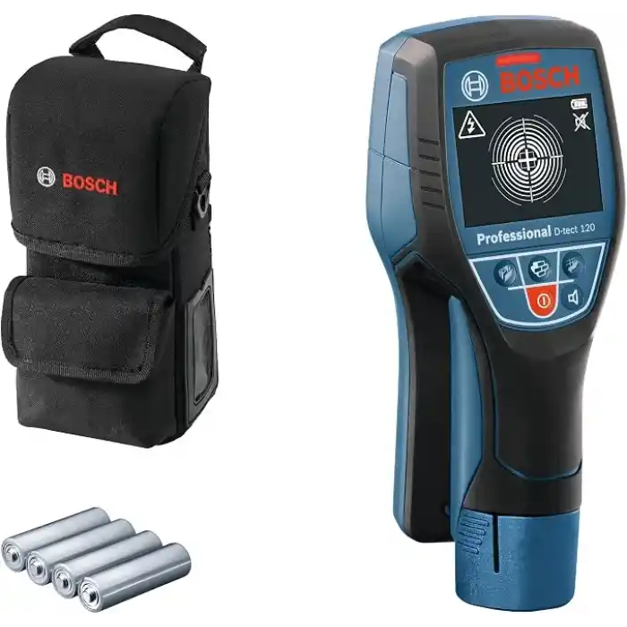 Bosch Professional D-tect 120 Duvar Tarama Cihazı (Tarama alanı: 120 mm, Akım geçen ve geçmeyen kabloların, metal, plastik boruların bulunması, USB-C kablosu, 4 x AA pil, Akü Adaptörü, Taşıma Çantası)