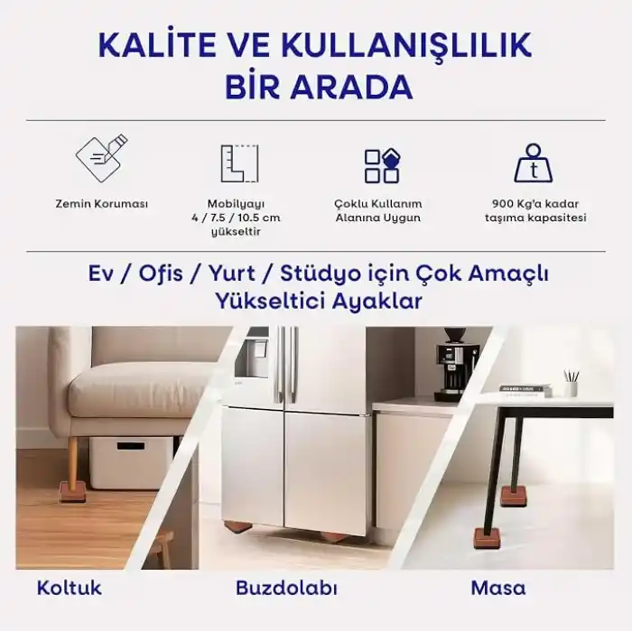 TİNEKE Robot Süpürge Mobilya Ayağı Ve Dolap Yükseltici Ayak Kaydırmaz Ve Yükseltici 4Lü KAHVERENGİ KARE (4 CM)