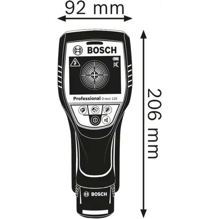 Bosch Professional D-tect 120 Duvar Tarama Cihazı (Tarama alanı: 120 mm, Akım geçen ve geçmeyen kabloların, metal, plastik boruların bulunması, USB-C kablosu, 4 x AA pil, Akü Adaptörü, Taşıma Çantası)