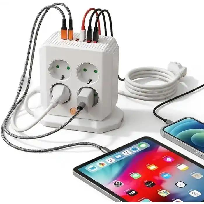Hasuba Dik Priz Kulesi Vertical Smart Power Socket - Akım Korumalı, 2500W Çoklu Priz Çoklayıcı, 8 EU Priz Girişi ve 4 USB ve 2 Type-C Portlu, 2M Kablo, Aşırı Yük Korumalı Grup Priz 332