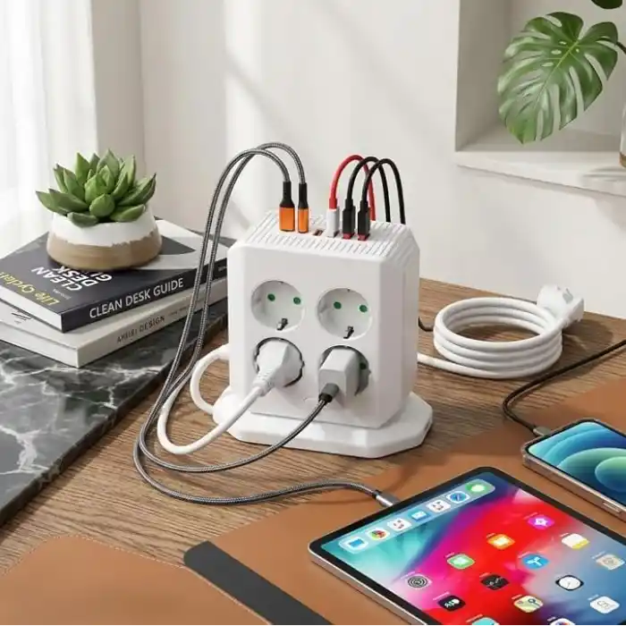 Hasuba Dik Priz Kulesi Vertical Smart Power Socket - Akım Korumalı, 2500W Çoklu Priz Çoklayıcı, 8 EU Priz Girişi ve 4 USB ve 2 Type-C Portlu, 2M Kablo, Aşırı Yük Korumalı Grup Priz 332