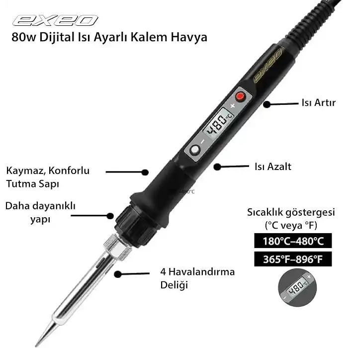 Exeo Dijital Göstergeli Isı Ayarlı Kalem Havya Lehim Makinesi