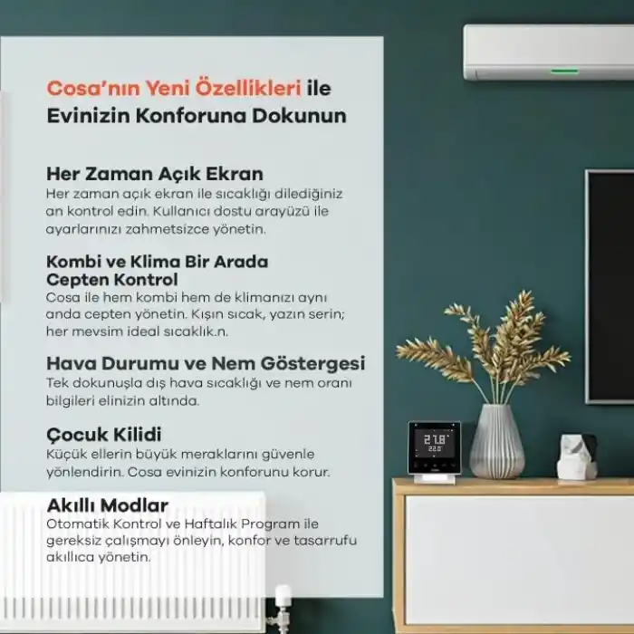Cosa Akıllı Oda Termostatı v5, Wi-Fi Kablosuz Kombi ve Klima Kontrolü, Beyaz