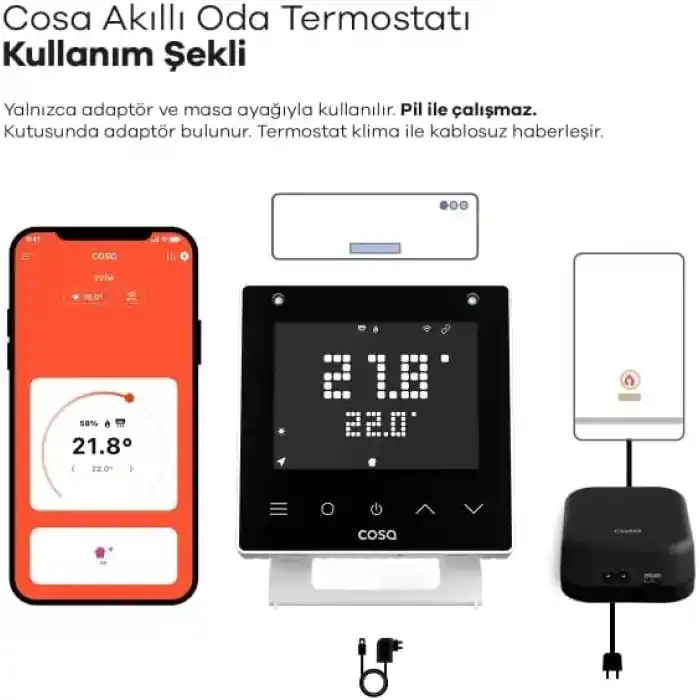 Cosa Akıllı Oda Termostatı v5, Wi-Fi Kablosuz Kombi ve Klima Kontrolü, Beyaz